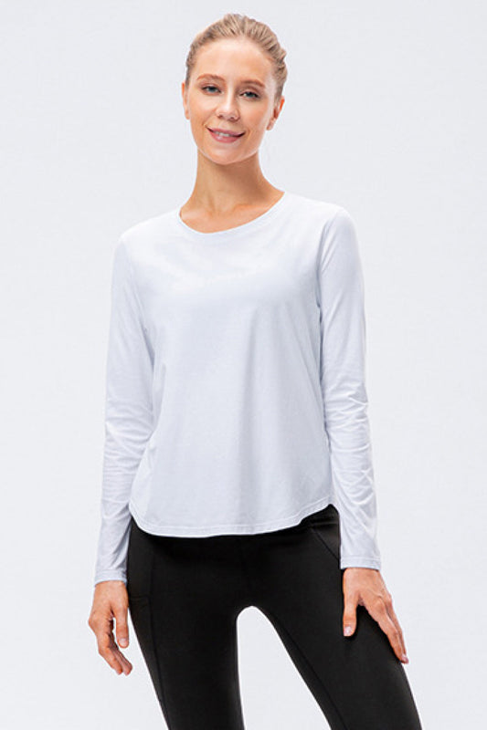 White Curved Hem Long Sleeve Athletic Top